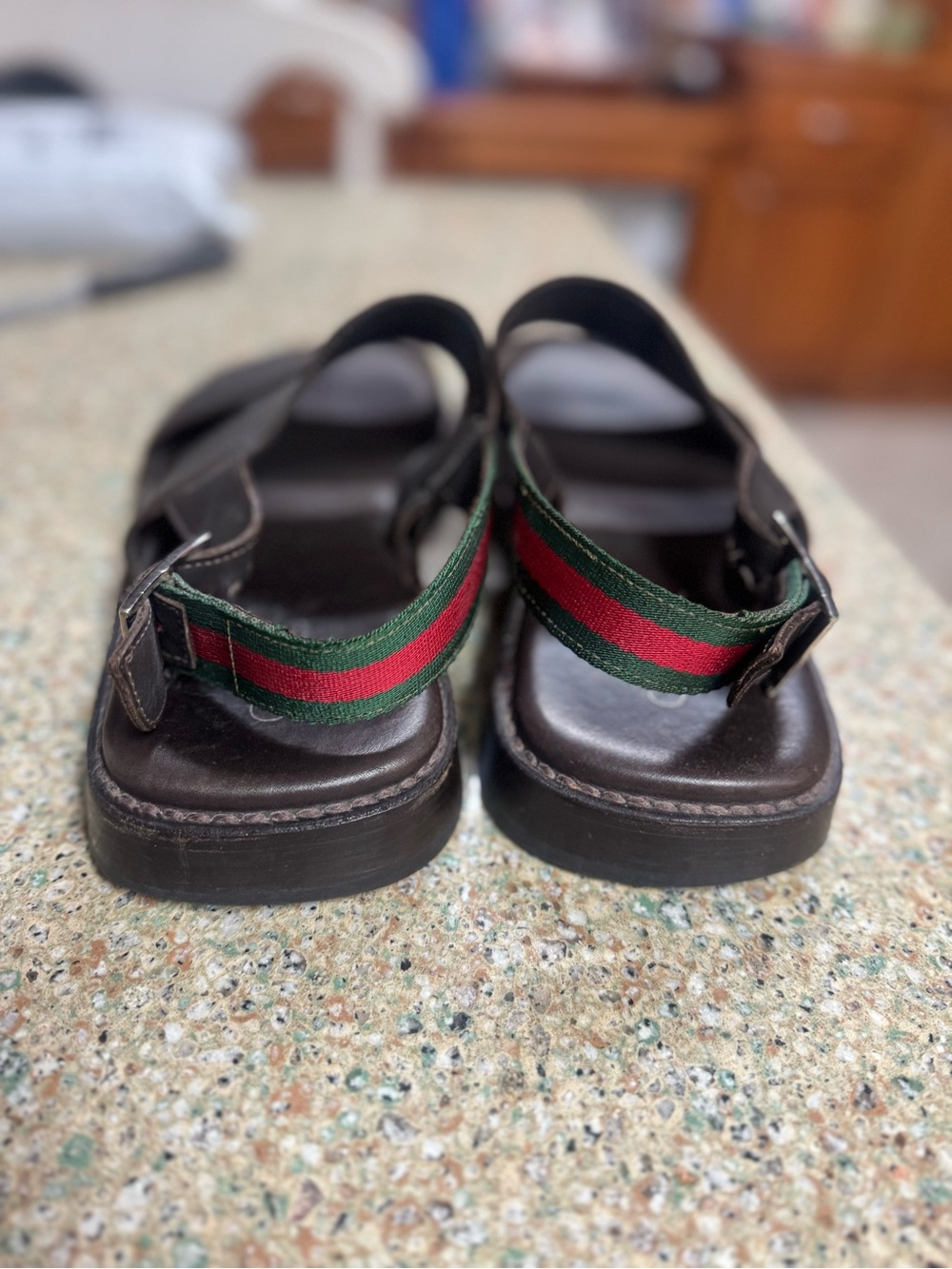 Gucci Brown Leather Sandals with Green & Red Web Straps 11.5 d